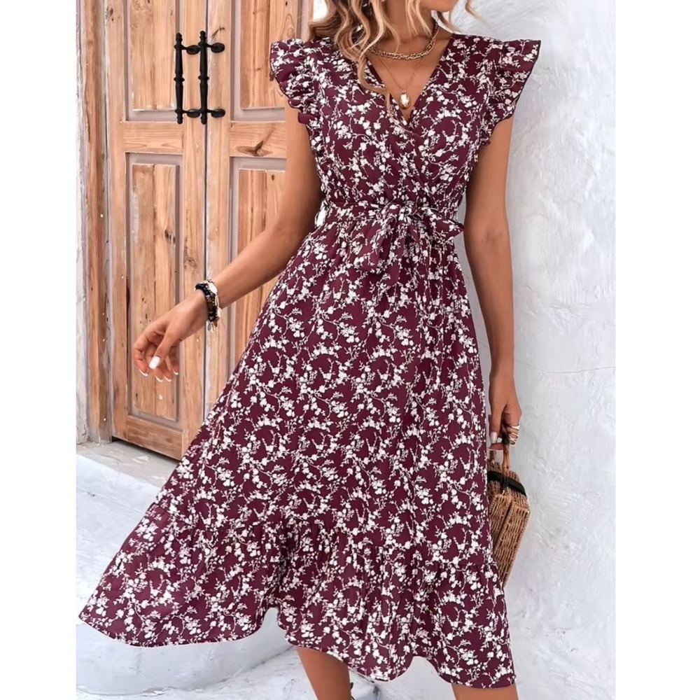 Boho Women Dress Size XL Vacay Ditsy Floral Ruffle Hem Belted Burgundy Tie Midi